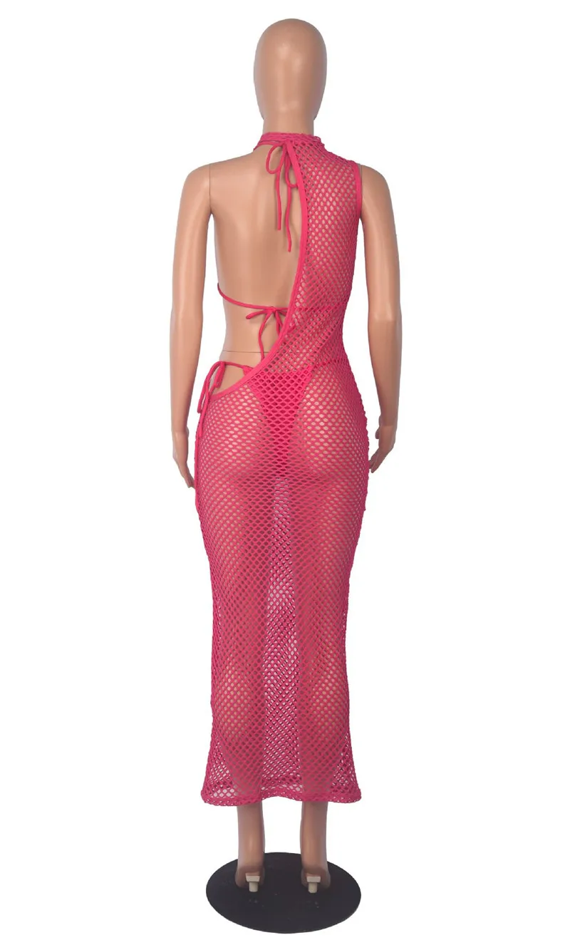 Sexy See Through Fishnet Women Three Piece Bikinis Set Crochet Knitted Hollow Out Maxi Cover Ups Dress Bra And Thong Beachwear