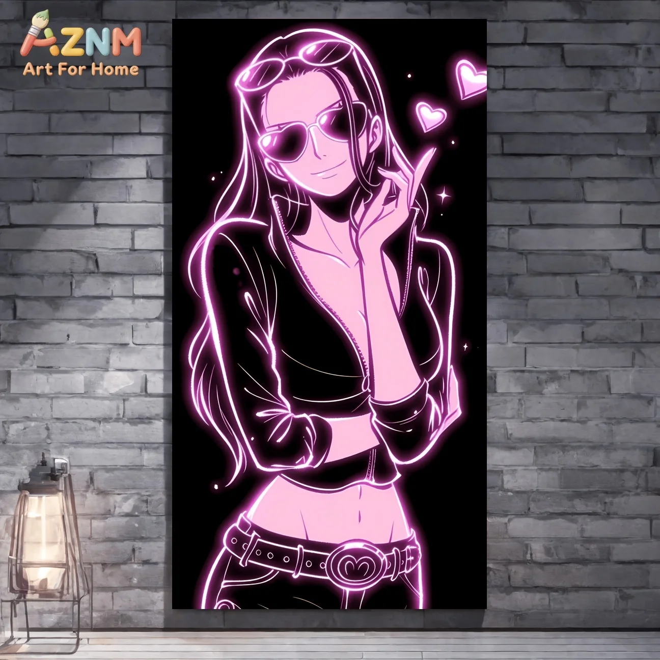 AZNM One Piece Nico Robin Pink Neon Line Heart Black Background Anime Canvas Wall Art Manga Girl Character Print Unframed Canvas
