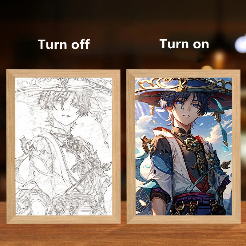 Genshin Impact Figure LED Light Painting with Frame Furina Hu Tao Wanderer Anime Poster Wall Art Room Decor Desk Night Lamp