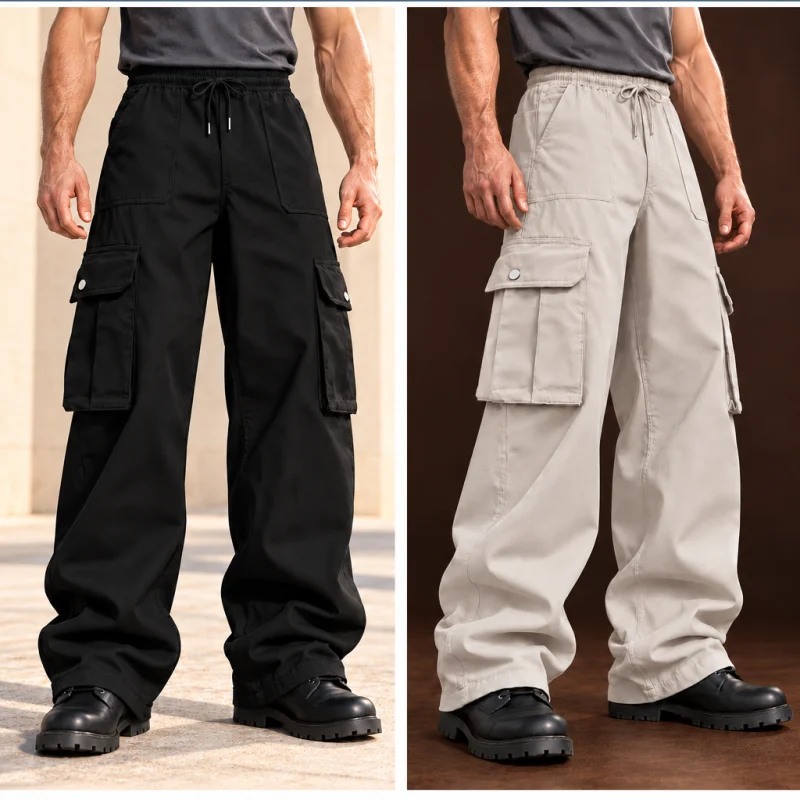 Men Cargo Pants New American High Street Drawstring Workwear Loose Versatile Straight Wide Leg Casual Trousers Trendy Streetwear