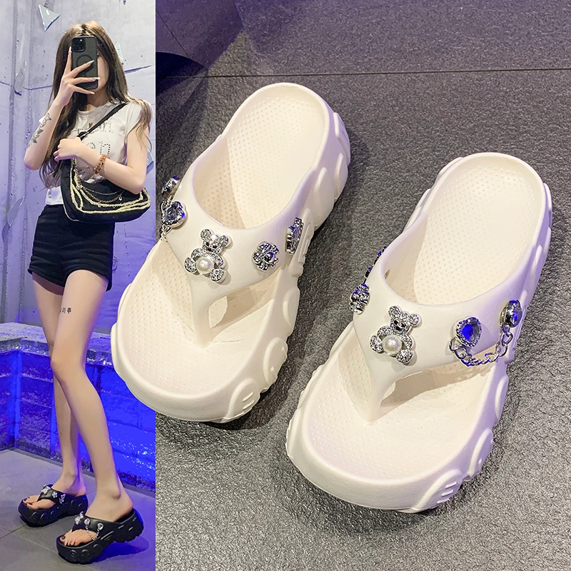 Summer Women Platform Flip Flops Slippers With Charms High Heel Sandals Mules Pumps EVA Wedge shoes Outside Casual Shoes Female