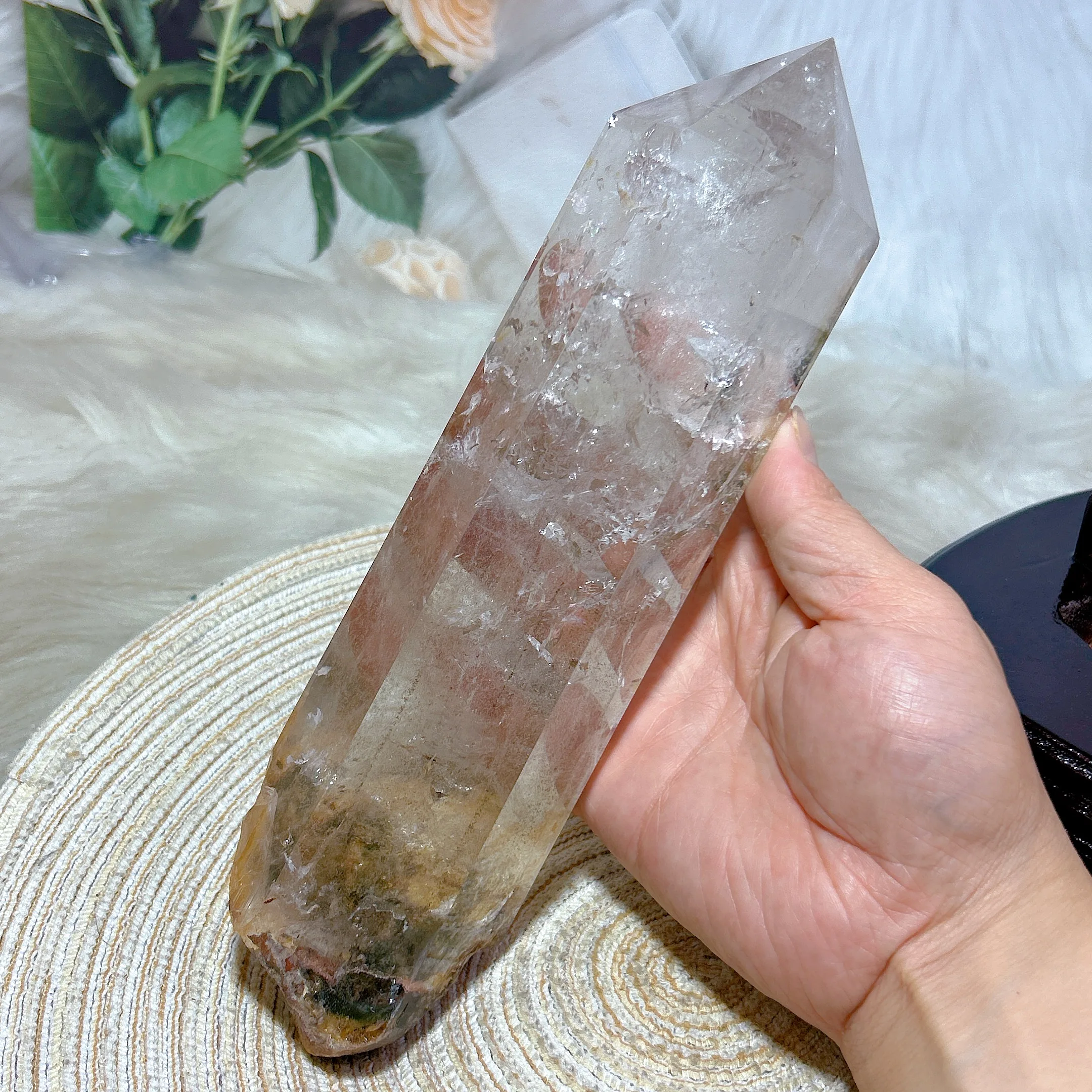 Healing Natural Crystals Clear Garden Quartz Rainbow Tower Raw Stone+Give Wood Base High Quality Energy Ornament Room Decor Gift