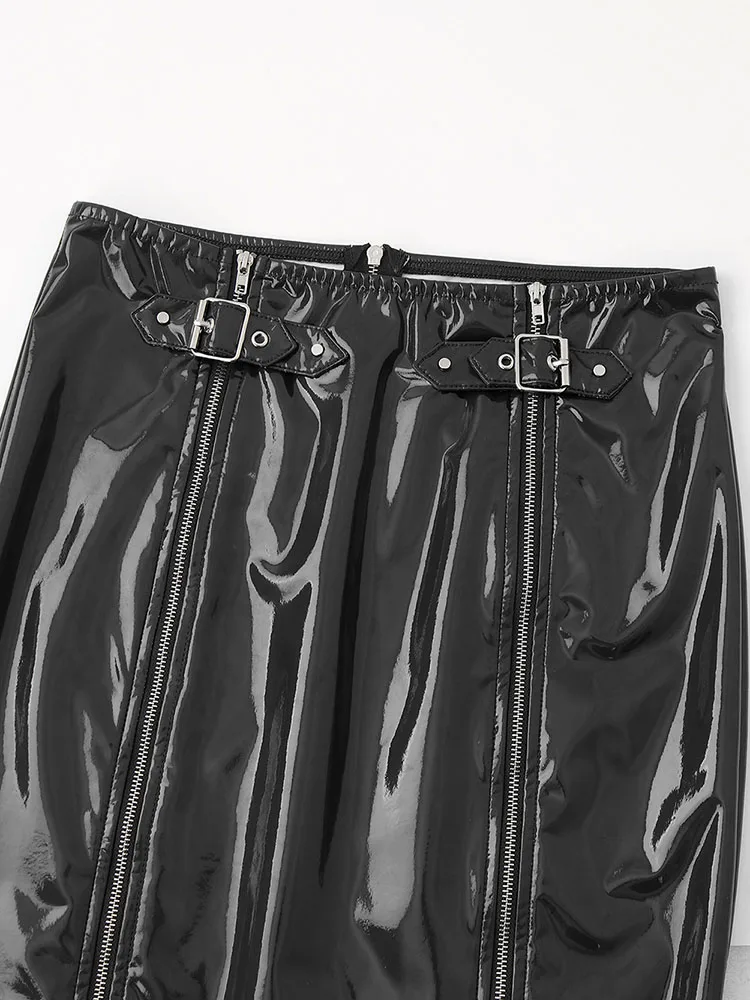 

Ladies' Elastic Glossy Faux Leather Slim Skirt, Multiple Zippers, Ladies' Chic PU High Waist Skirt, Lady Clothing Support Custom