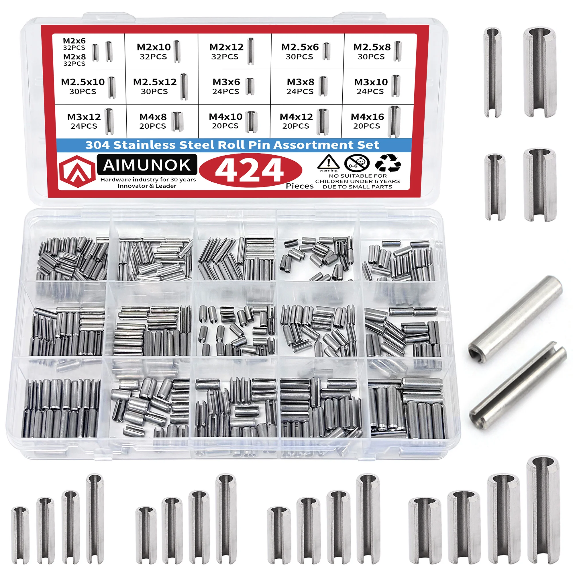 424pcs 304 stainless steel Roll Pin Assortment set  Elastic Cotter Cylindrical Positioning Tension Dowel Roll Spring Pin