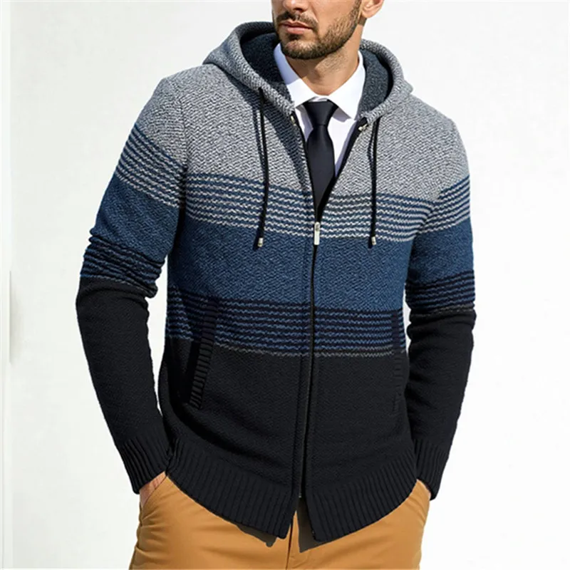 2025 Autumn Winter Knit Hooded Jackets Men Patchwork Striped Business Casual Outwear Male Long Sleeve Warm Fleece Sweateroats