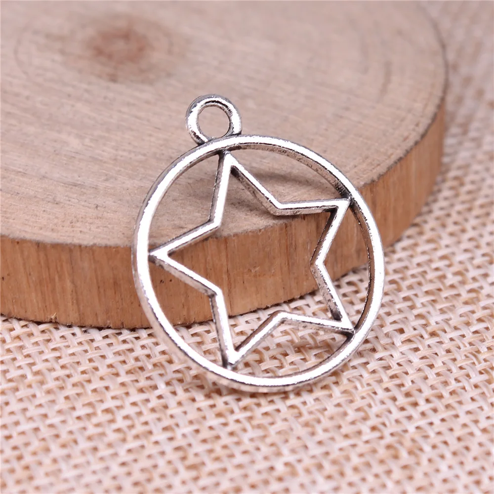 WYSIWYG 10pcs 28x24mm Antique Silver Color Round Hollow Star Charms Pendant For DIY Jewelry Making Jewelry Craft Findings