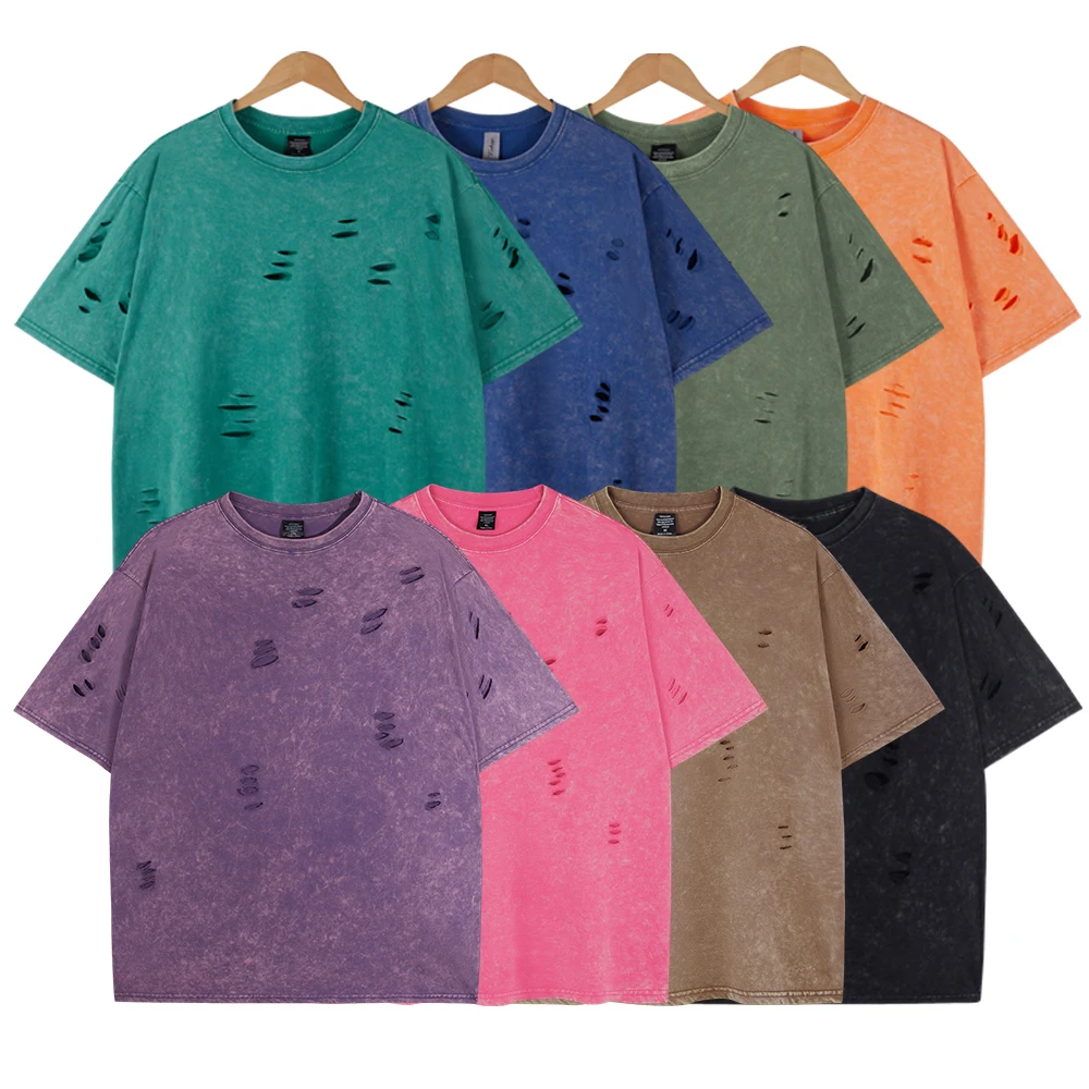 

Personality Holes Pure Cotton Womens Washed T-Shirt Street Oversized T Shirts Hip Hop Y2K Summer Sportswear All-Match Loose Top