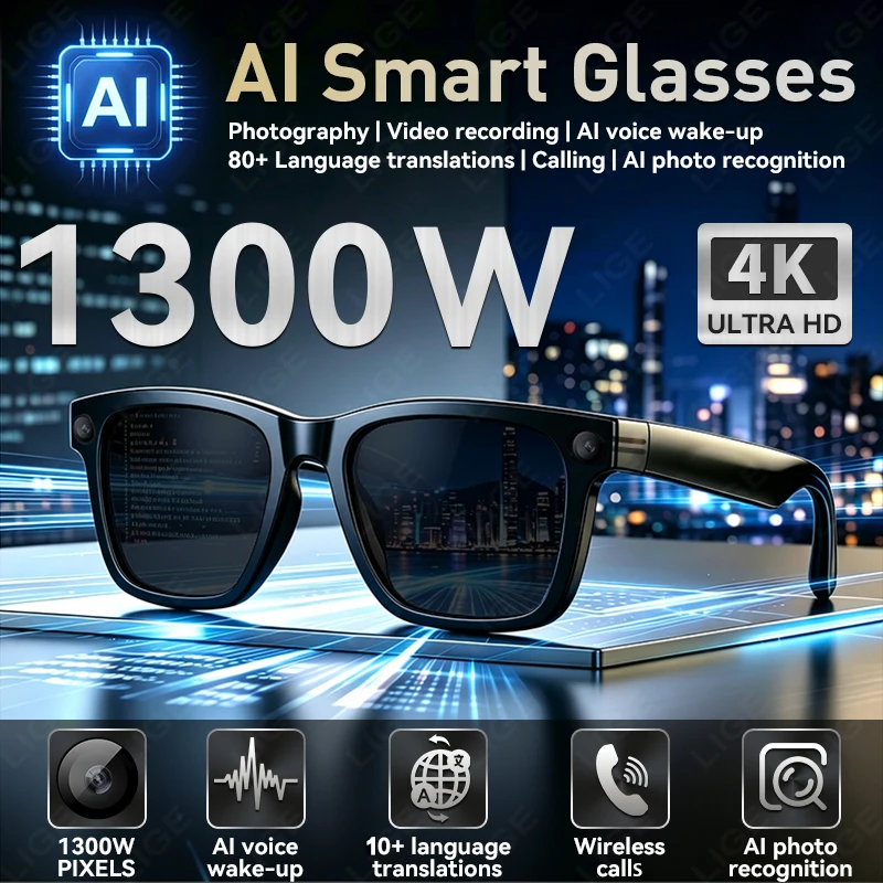 LIGE 2026 New 4K HD AI Smart Glasses Photo Video AI Translation Hands-Free Calls AI Chat BT Music Playback Smart Men Sunglasses