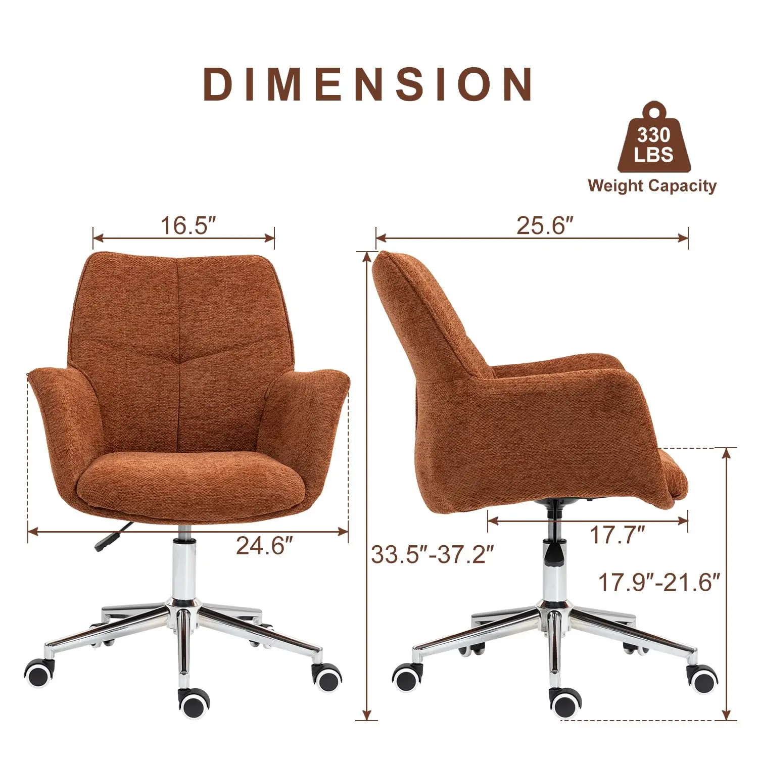 Office Chair, Small Desk Chair Upholstered Chenille, Burnt Orange | Adjustable Height, 360° Swivel Wheels,, Customized