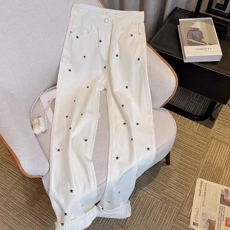 Stars Print Women's Jeans 2026 Spring New Personalized Casual Loose Slim-looking Pants Fabric Drape White Straight Leg Trousers