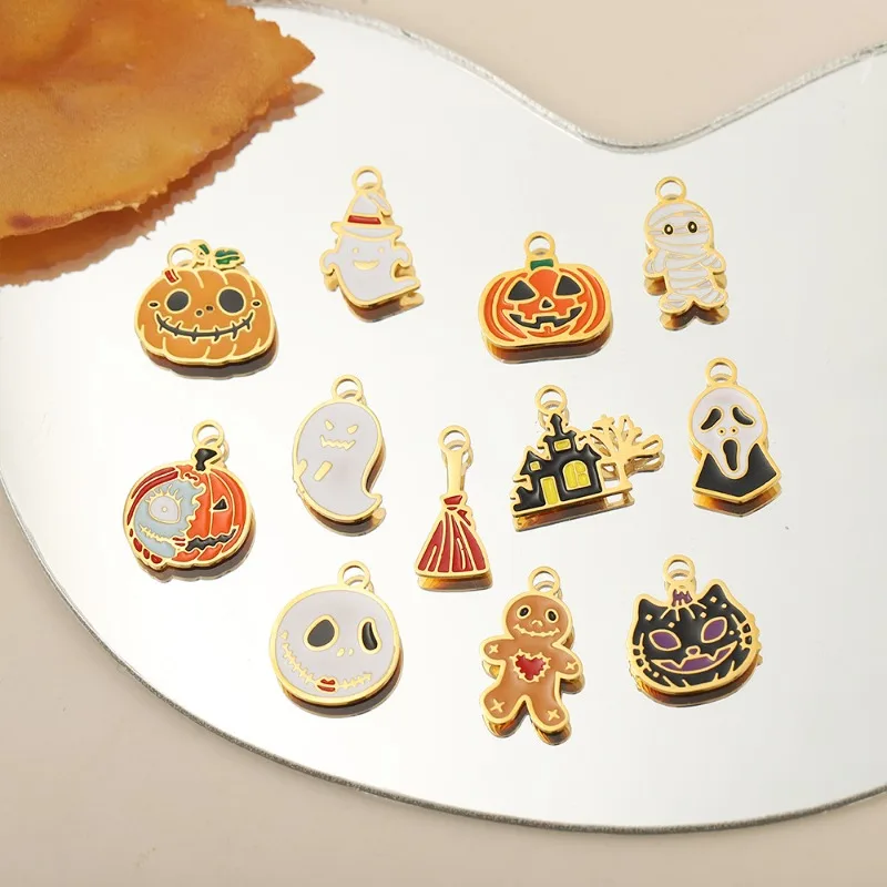 Mixed Halloween Enamel Charms Gold Plated Ghost Pumpkin Mummy Haunted House Pendants For DIY Necklace Bracelet Jewelry Making