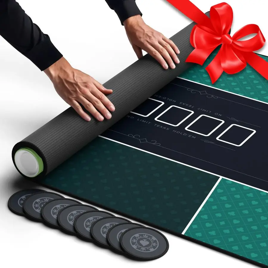 

Poker Table Top 70 x 35, Texas Holdem Poker Mat for Home Game Nights Up to 10 Players, Blackjack, Casino Poker Topper for Tables