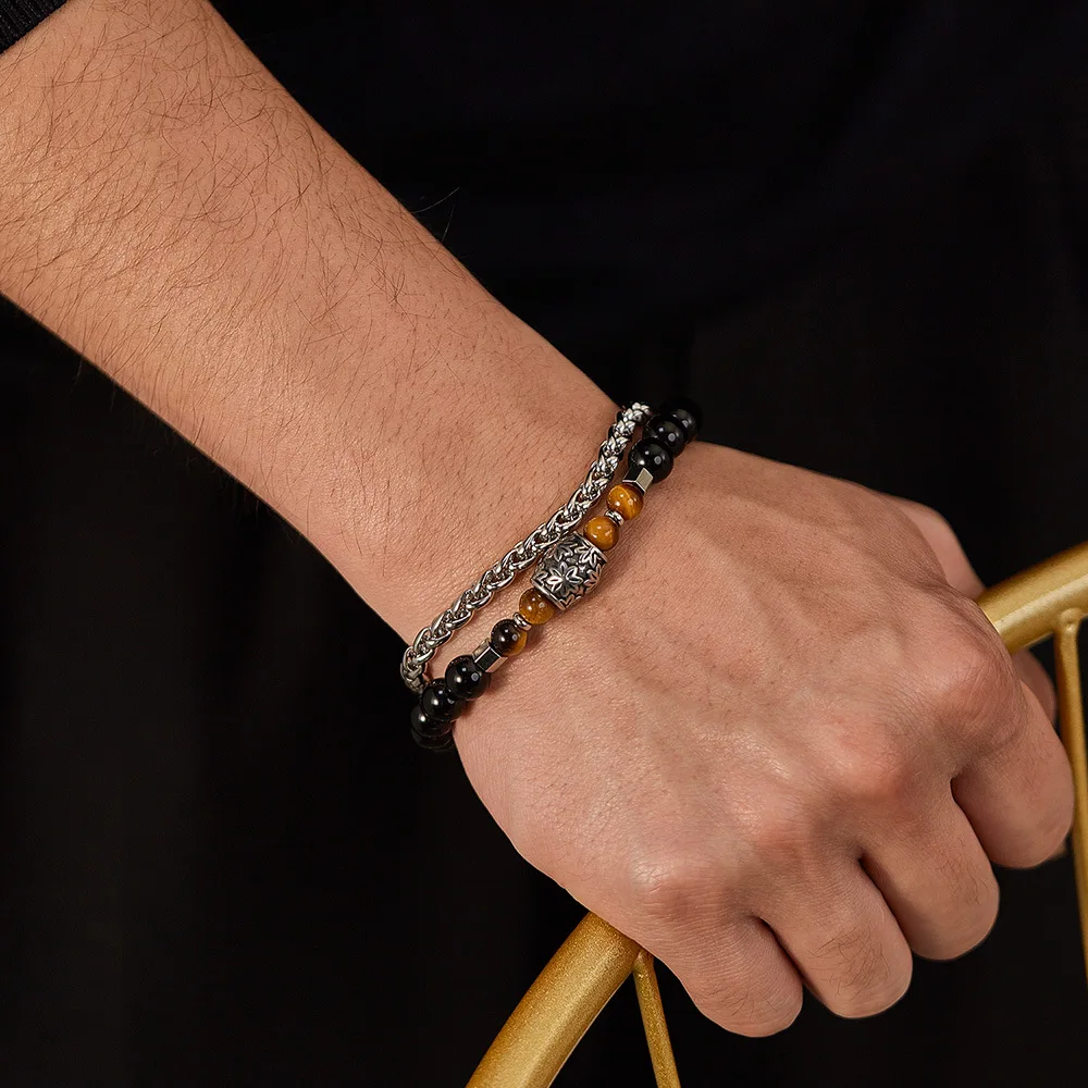 Double Black Agate Tiger Eye Stones Bracelet Men's tainless Steel Layer Round Magnet Bead Luxury Bracelet for Men Women Jewelry