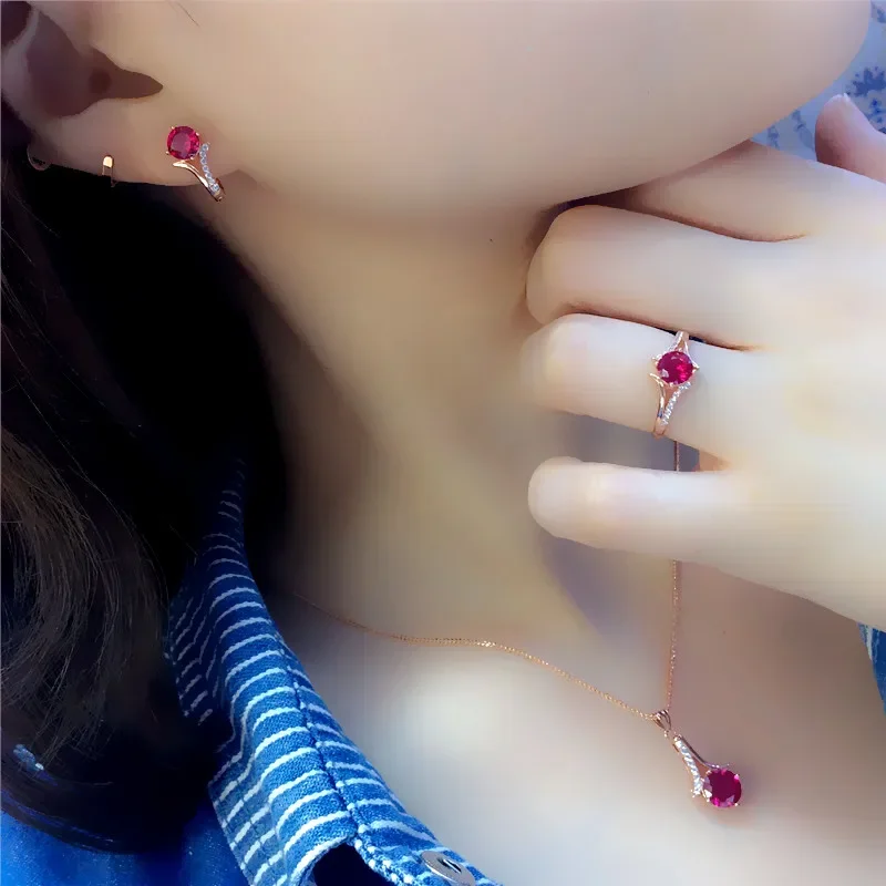 Inlaid Ruby Jewelry Sets Fashion High Quality Plated 14K Rose Gold Earrings for Women Necklace Wedding Jewelry