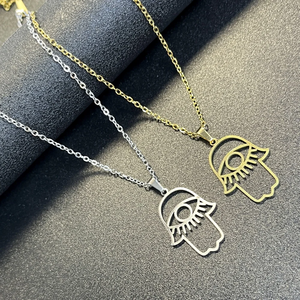 Stainless Steel Turkish Hamsa Hand Fatima Charm Necklace For Women Hollow Eye Palm Pendant Chain Neck Lucky Jewelry Gift