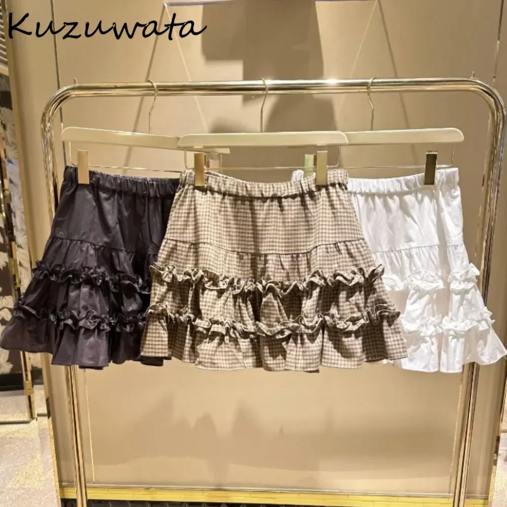 Kuzuwata Casual High Waist A-line Ruched Literary Skirt Pleated All-match Fungus Patchwork Falda Japan Cake Feminine Mujer Falda