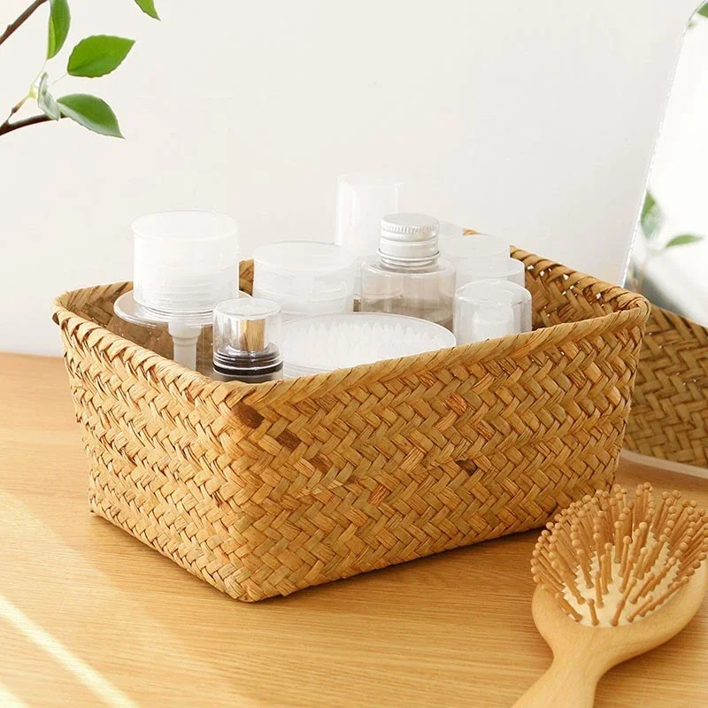 

Woven Seagrass Storage Baskets Straw Rattan Basket Desk Organizer Picnic Basket Fruit Storage Box Cosmetic Storage Container