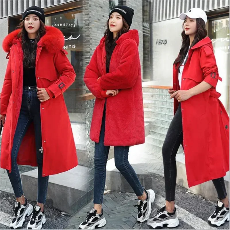 Women's Winter Jacket Hooded X-Long Thick Warm Cotton Padded Parkas Woman Wool Liner Distachable Plus Size Jackets Coat 1987