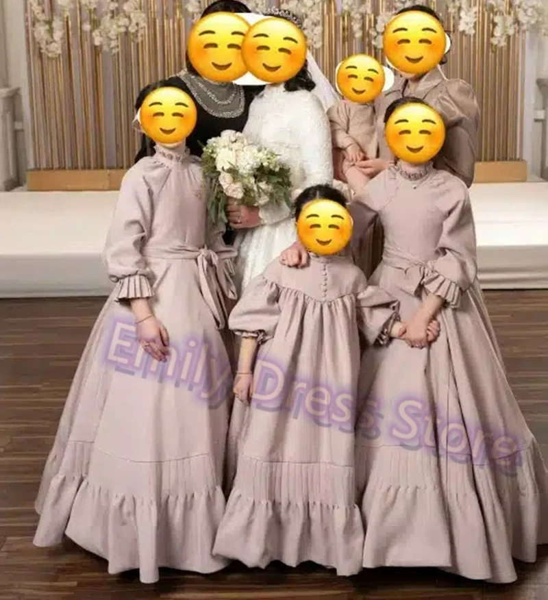 

Customized Grey Pink Flower Girl Dress For Wedding Satin High Waist 3/4 Sleeves Puffy Kids Birthday First Communion Gowns