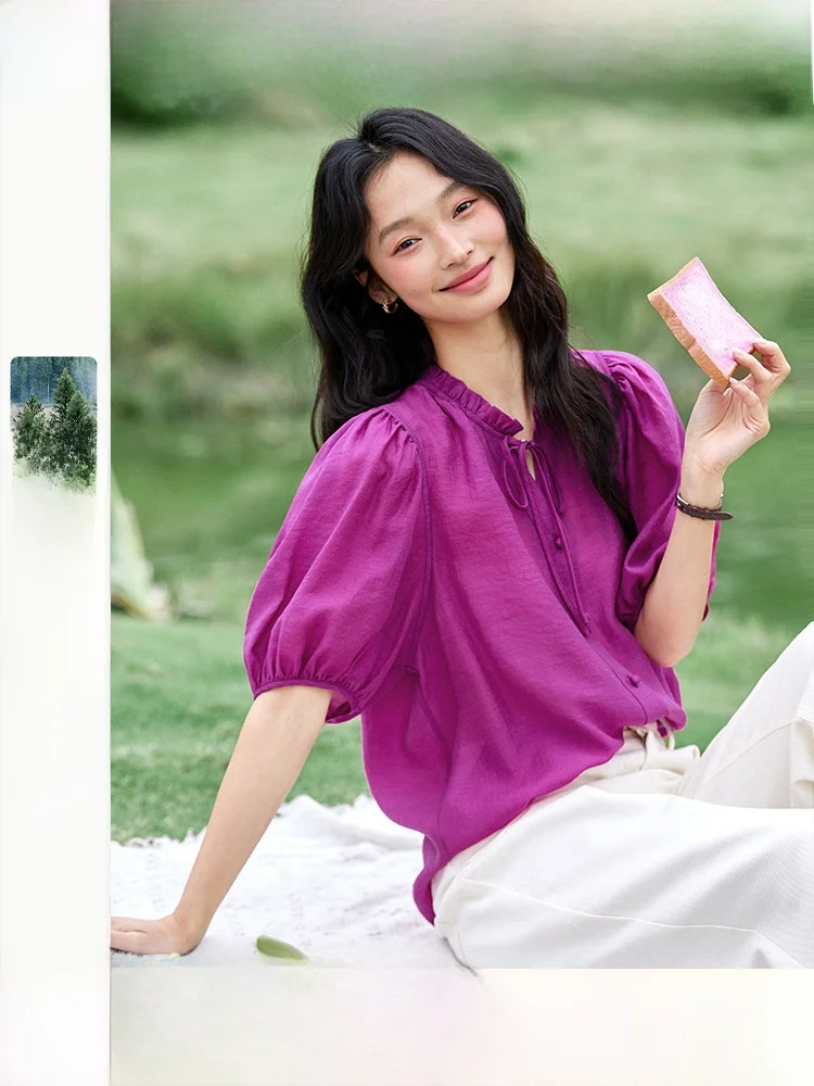 

Женская шелковая блузка Lcelin свободного кроя с коротким рукавом, утягивающая, во французском стиле, с круглым вырезом, на пуговицах, однотонная, летняя новинка