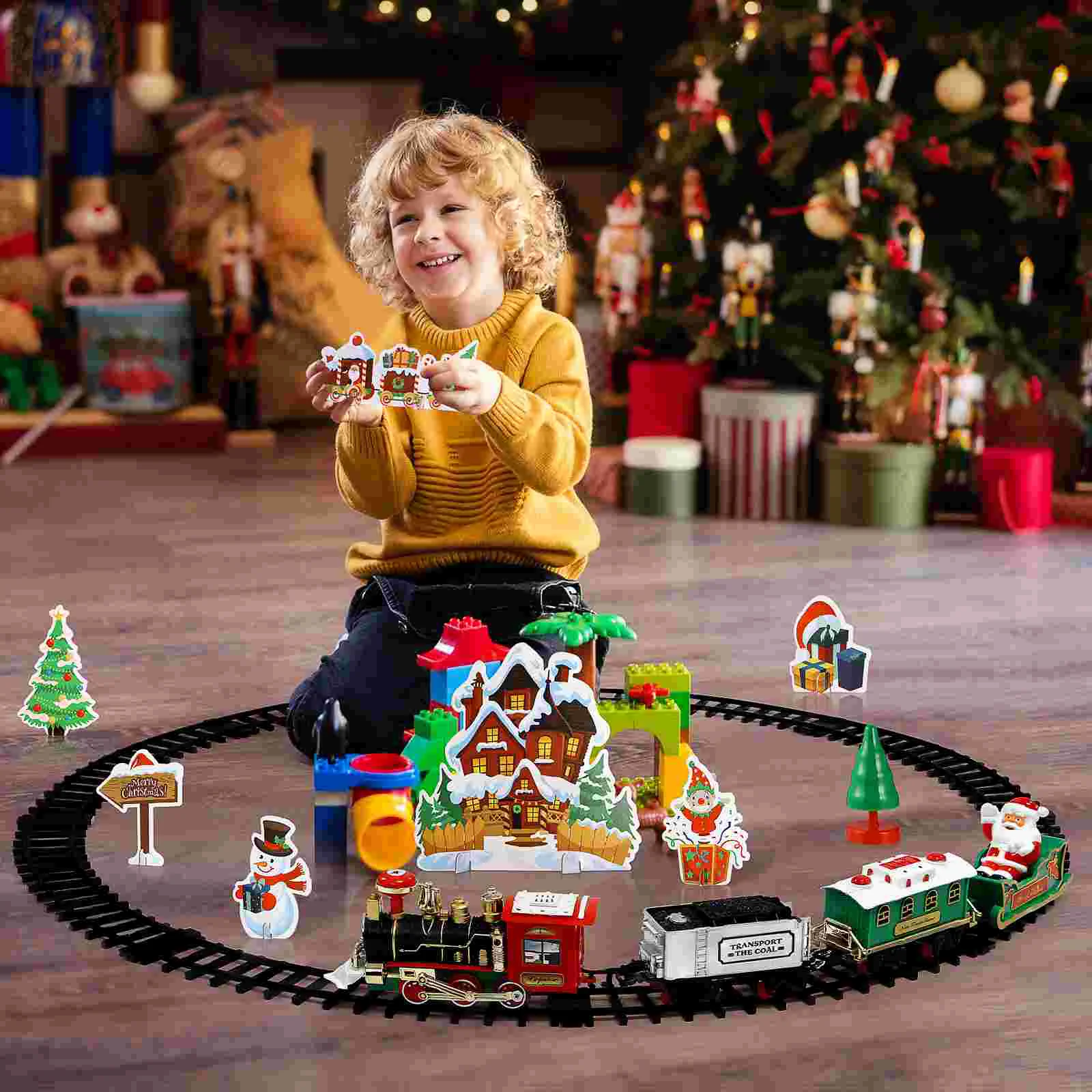 TOYANDONA Christmas Train Set Mini Model Train Toy with Sound and Light Powered Kids Toy Train Needs Assemble for Kids B