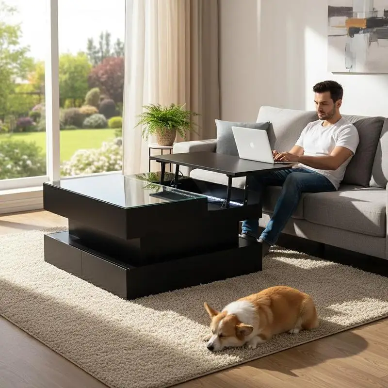Table basse moderne carrée 80 x 80 x 45 cm, réglable en hauteur avec plateau en verre trempé, finition laquée brillante, deux tiroirs et grand espace de rangement dissimulé, décoration intérieure Wood Organizadores