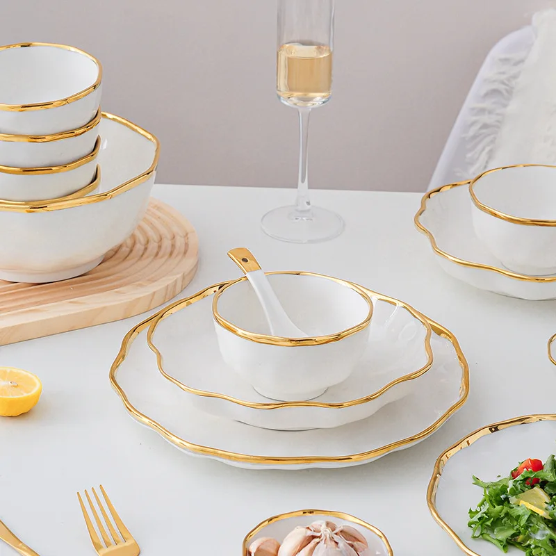 Gold Edge Ceramic Dinner Plated Rice Noodles Soup Bowl Internet Celebrity Fruit Salad Bowl Plates