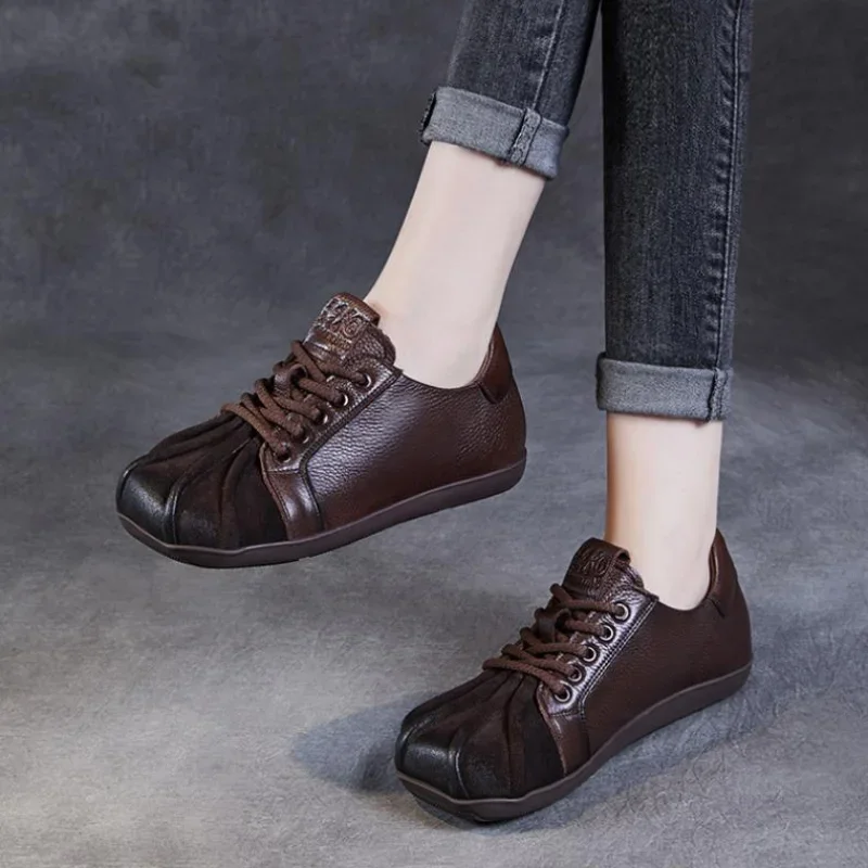 2024 Autumn New Personalized Handmade Shoes Leather Single  Head Layer Cowhide Flat Square Head Women's Shoes l And Comfortable