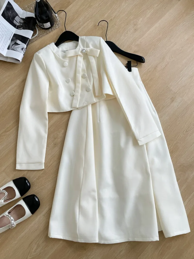 2024 Autumn New French Women Elegant Fashion Two Piece Set Korean Casual Bow Coat + Long Skirt Suits Female Conjuntos Femininos