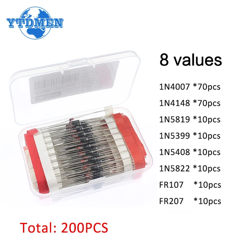 100-200pcs Rectifier Schottky Diode Kit 1N4007 1N4148 1N5408 1N5819 1N5822 1N4001 1N4004 1N5404 FR107 FR207 Fast Switching Diode