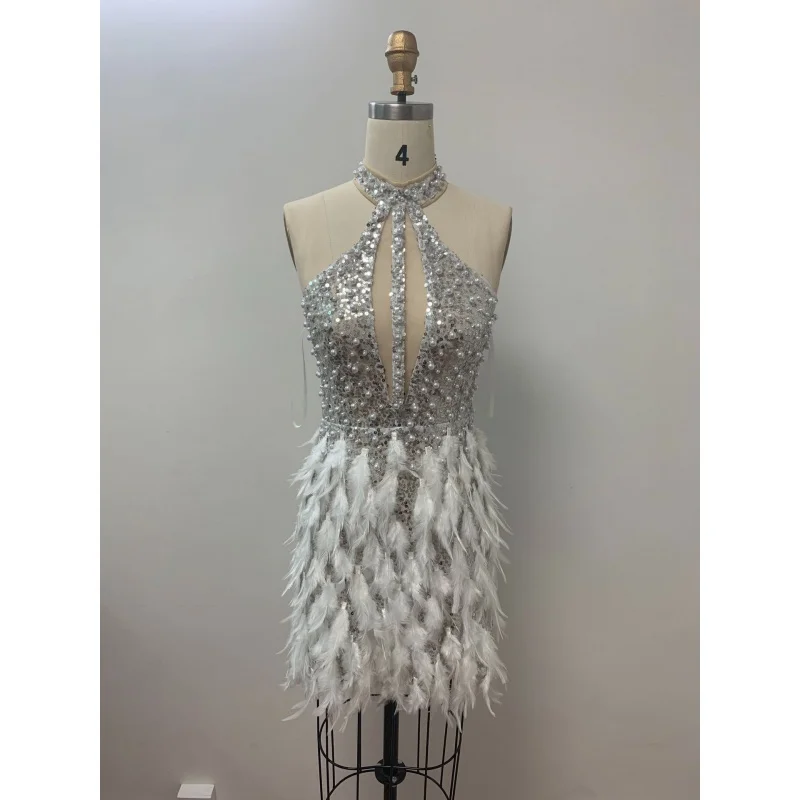 Cross-Border High-End Shiny Sequined Feather Skirt Hollow-out Halter Dress Light Luxury Hot Party Dinner Dress