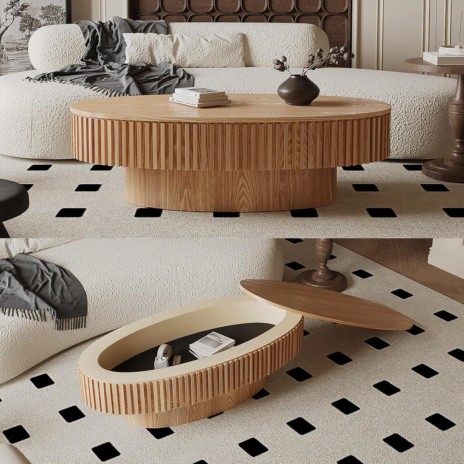 

Овальный журнальный столик 47,2 дюйма с местом для хранения, рифленый журнальный столик из массива дерева с шпоном, в стиле середины века, деревянный, на заказ