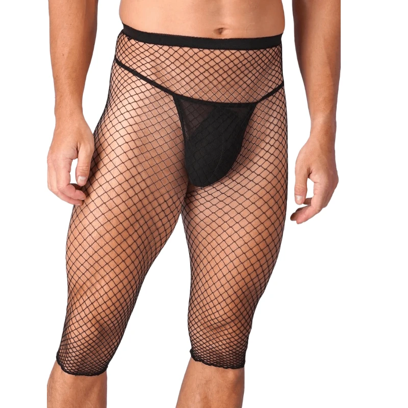 Men Fishnet See Through High Waist Shorts High Stretch Half Pants Underwear Male Sport Cycling Mid Mesh Short Tights