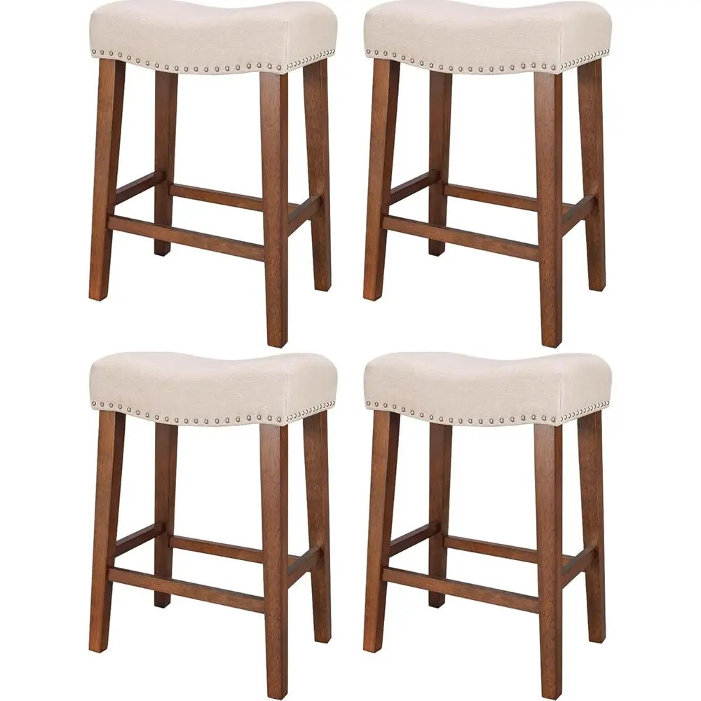 

Set of 4 Counter Height Bar Stools, 24 Inch Back, Upholstered Seats, Solid Wood Legs, Beige