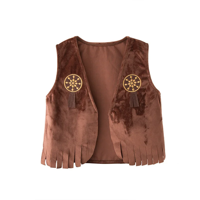 Kids Cowboy Brown Fleece Cowboy Vest with Bandanna & Hat Set Children Western Role Play Costume Holiday Party Performance Outfit view 5
