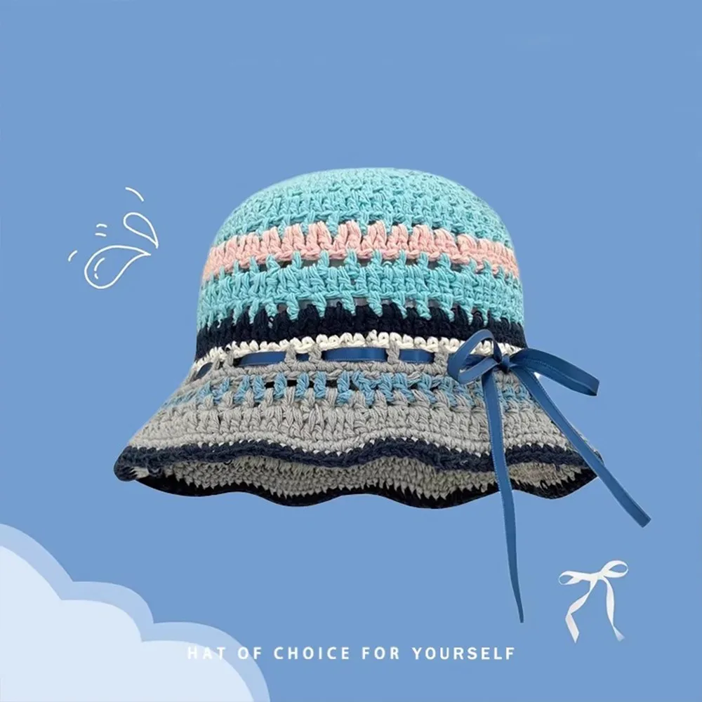 

Versatile Handmade Knitted Bucket Hats Y2k Spring Summer Hollow Basin Cap Sweet Bow Ribbon Weave Hats Travel