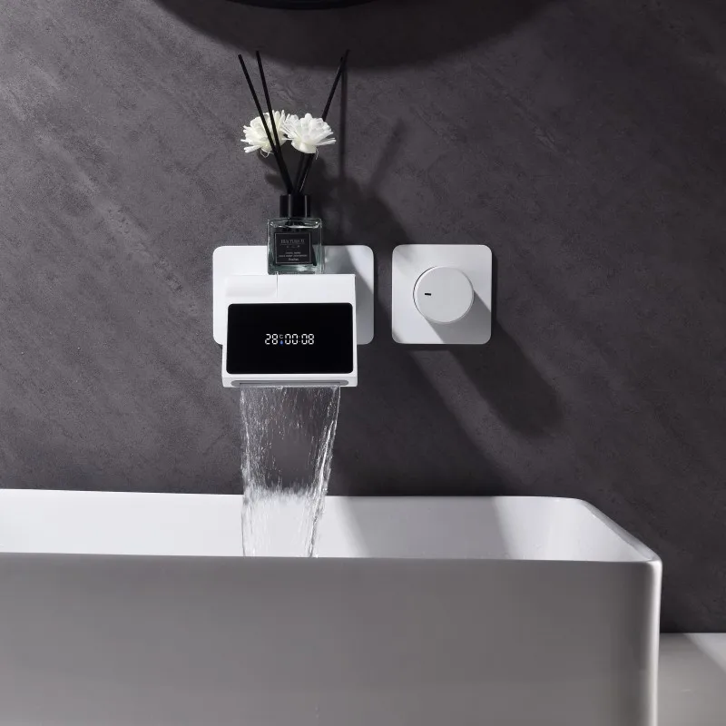 White Waterfall Digital Display Concealed Bathroom Vanity Faucet Cold And Hot Water Mixer Wall Mounted Embedded Tap