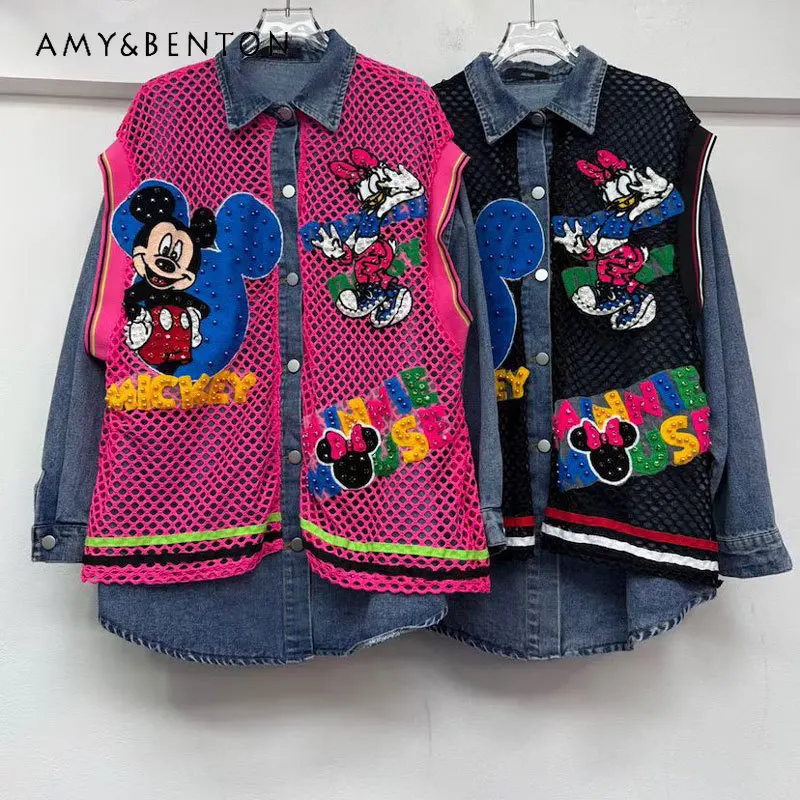 

Новинка 2026, однобортная джинсовая куртка с мультяшным принтом и бисером, индивидуальное модное свободное пальто, женский топ средней длины