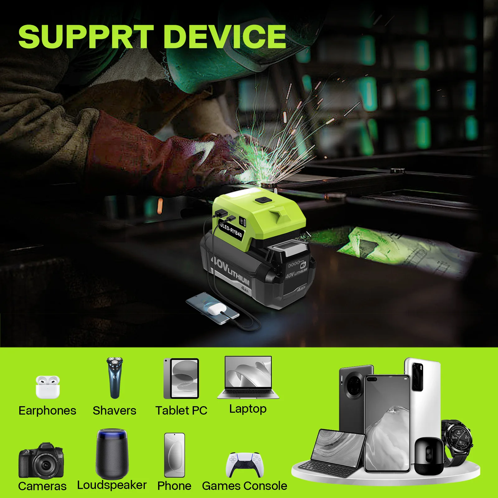 

LED Light Battery Adapter for 40V and 36V Systems Dual USB Ports for Quick Charging Compatible with For OP4030 OP4015