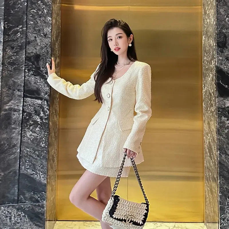 New Small Fragrant Fashion Autumn Women's Suit  Elegant O-neck Long Sleeve Jacket Coat + Mini Skirt Solid Color Two Piece Set