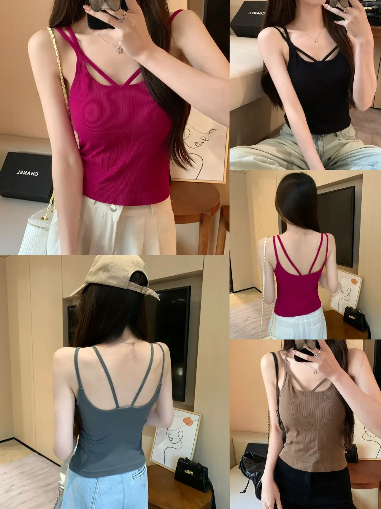 Seamless Hollow out Design Women's Tank Top with Chest Pad Slim Fit Outerwear Beautiful Back Small Audience All Matched Top