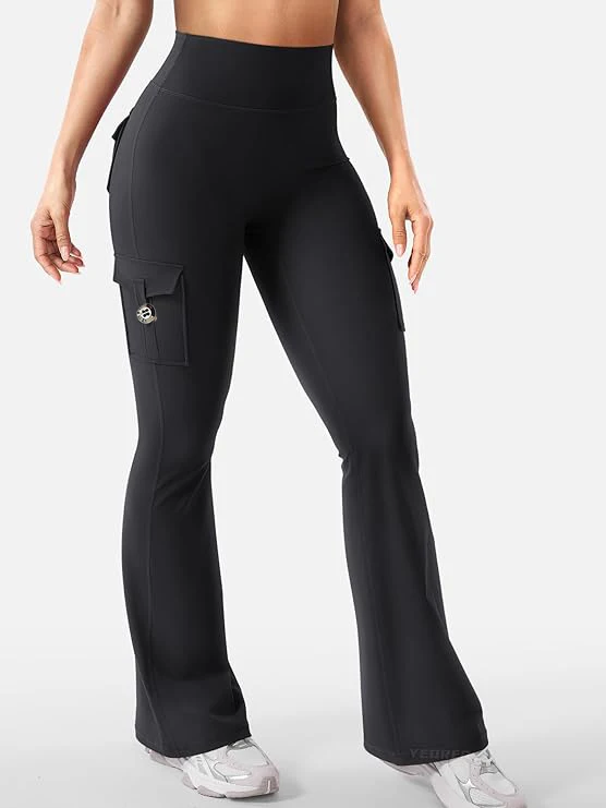 Women High Waist Cargo Flare Yoga Leggings Side Pockets Bootcut Fitness Workout Gym Pants Tummy Control