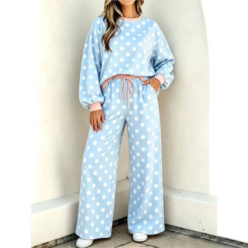 2026 New Women's Autumn And Winter Pants Set Polka Dot Contrasting Round Neck Casual Loose Fashionable And Comfortable Pants Set