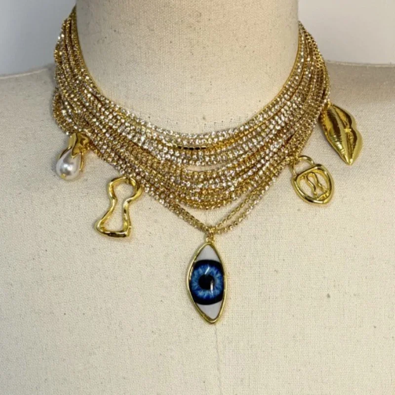New Exaggerated Full-diamond Necklace Luxury Tassel Pendant Wide Super Sparkly Neck Chain Party Gifts Accessories