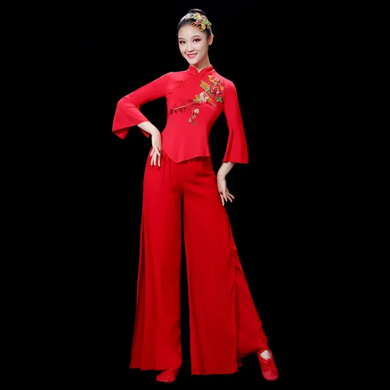 Chinese Folk Dance Red Yangko Nationale Dans Kostuums Klassieke Taille Drum Wear Square Dance Hanfu Kleding Voor Podium