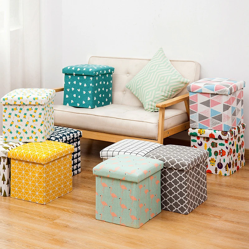 Fabric Storage Box Foldable Printed Storage Stool Sitting Adult Multifunctional Square Sofa Shoe Changing Stool 30cmX30cmX30CM