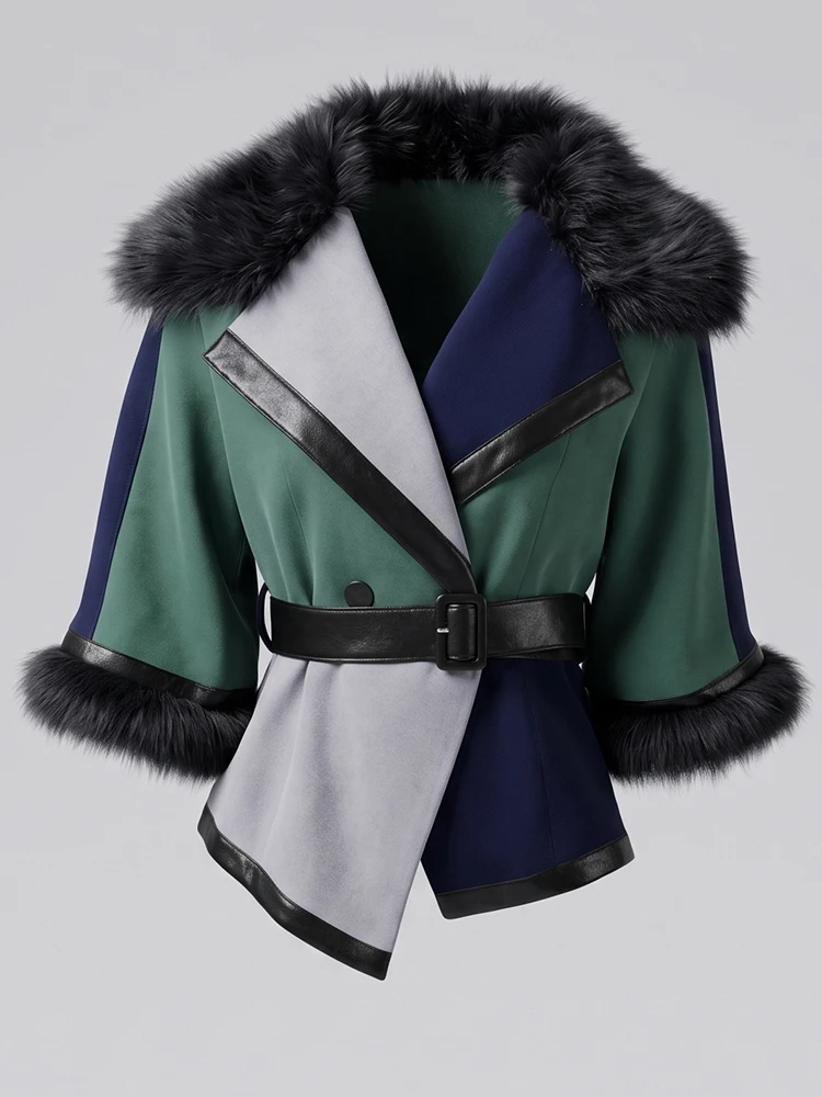 Women Color Block Faux Fur Collar Cropped Jacket with Belted Patchwork Fur Cuff Short Coat Winter Casual Vintage Outerwear