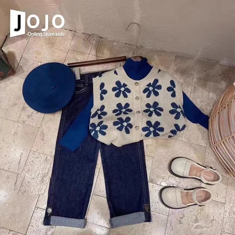 

3 PCS set Spring Autumn Girls Clothing set Casual Knit vest+ Sweater+Jean Pant Kid Children baby toddler Fashion clothes 2-10 y