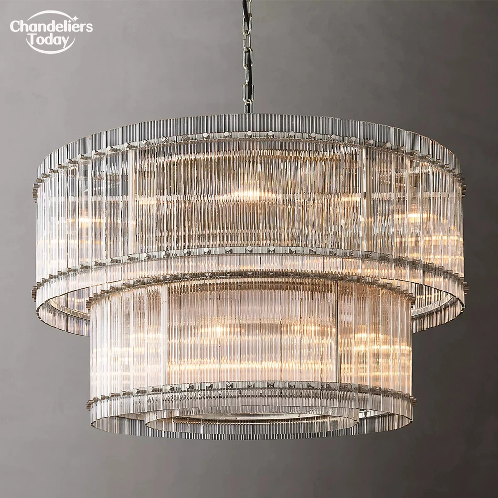 San Marco Two-Tier Round Chandelier Modern Fluted Clear Glass Pendant Lights LED Home Hanging Chandelier Lustre for Living Room