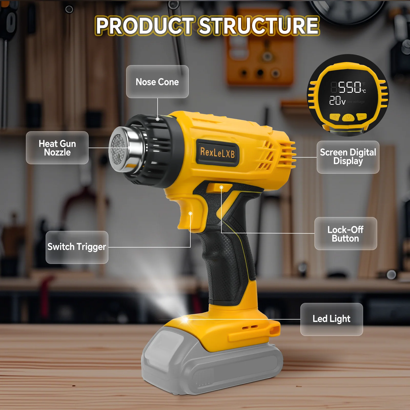 مسدس حراري لاسلكي 400 وات لبطارية ديوالت 20 فولت 50 ℃ -550 ℃   مسدس هواء ساخن للتحكم في درجة الحرارة المتغيرة والتدفئة السريعة (بدون بطارية)